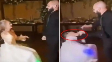Geleneksel dansını icra eden damat, yanlışlıkla geline u&ccedil;an tekme attı