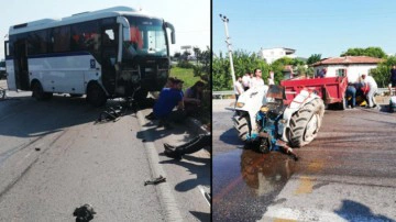 Manisa&rsquo;da servis otob&uuml;s&uuml; trakt&ouml;rle &ccedil;arpıştı: 1'i ağır 6 yaralı