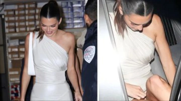 S&uuml;per mini elbisesiyle arabaya binmeye &ccedil;alışan Kendall Jenner, frikik verdi